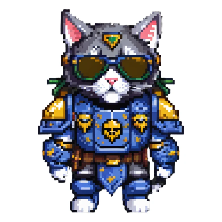 cat wearing sunglasses in Warhammer 40,000 inspired armor sticker