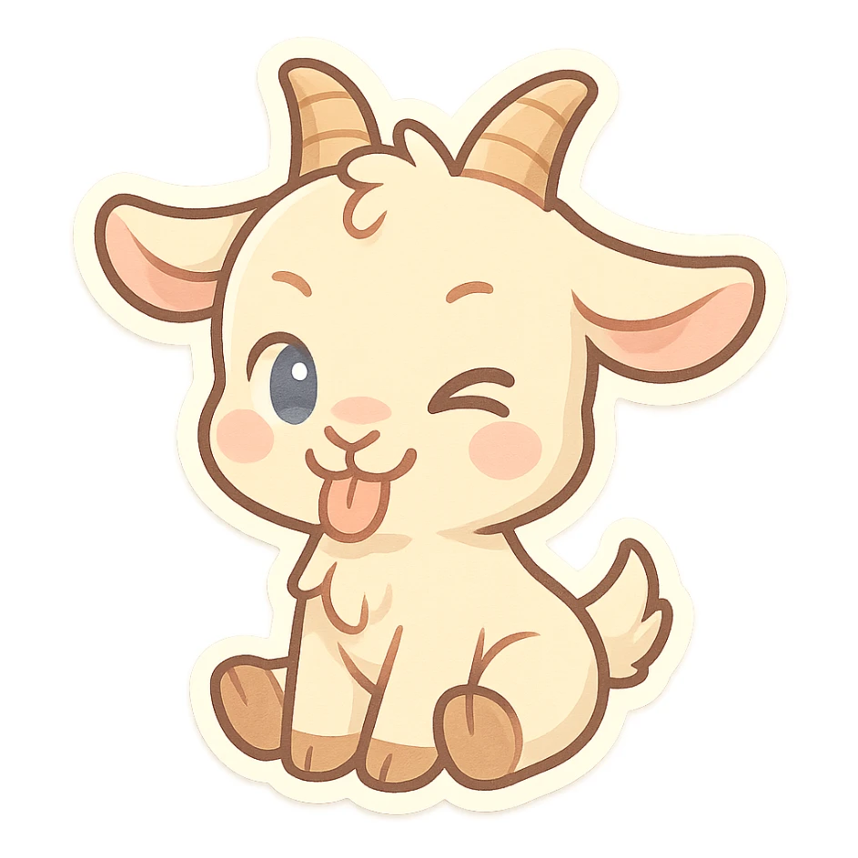 chibi goat, mischievous, winking, tongue out, pastel colors, simple background sticker