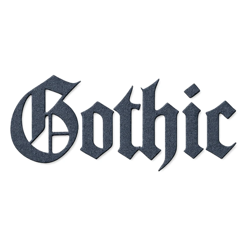 the word 'Gothic' in ornate gothic calligraphy, paper craft style sticker