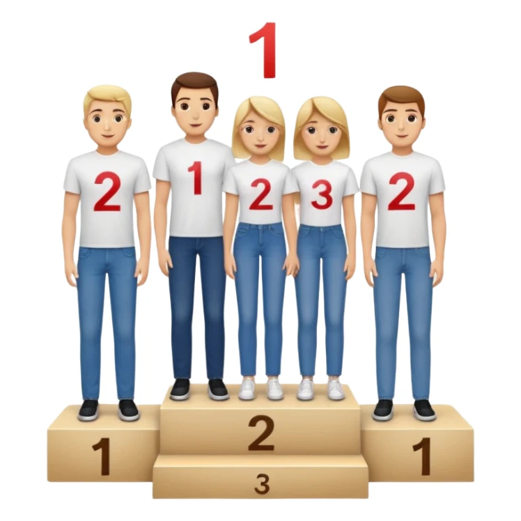 show people on podium in first, second and third place.  The podium should be labled 2, 1, 3.  The middle position should only have the number 1.  the people should be dressed in relaxed clothes like jeans and t-shirts sticker