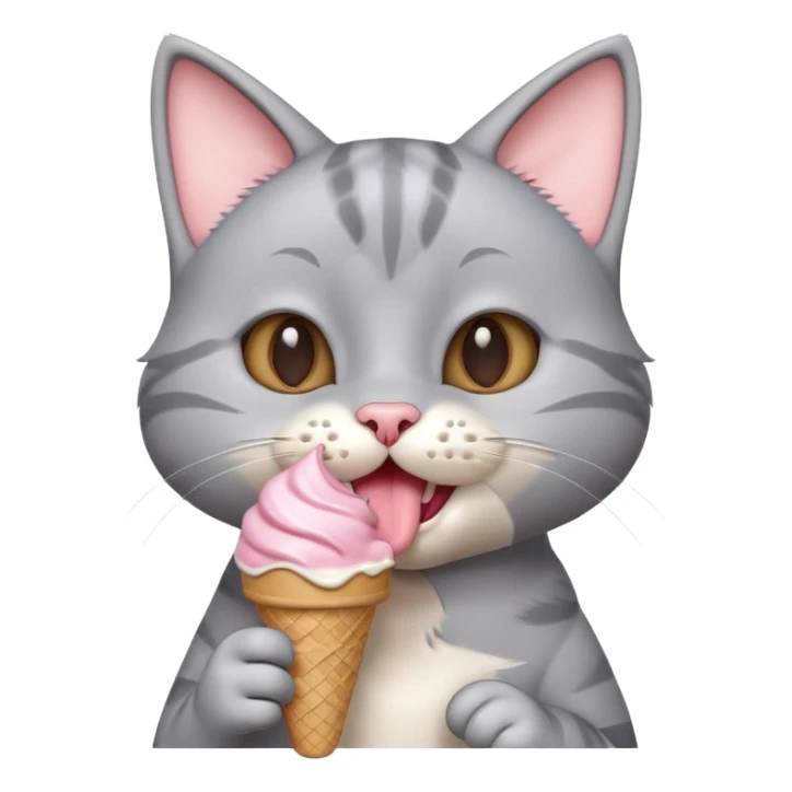 cute gray cat portrait, head and shoulders only, licking an ice cream cone, funny happy expression, 3D cartoon, mobile game icon style, clean background, no text, no watermark
 sticker