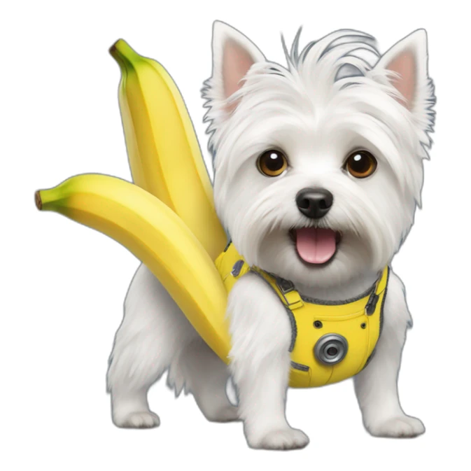 Whest Highland White Terrier dressed as minion with banana sticker
