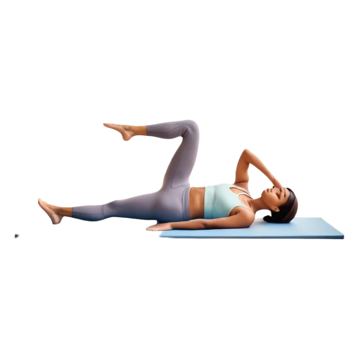 A person performing a Pilates exercise on a mat in a clean, modern studio. The focus is on core strength and flexibility, with a neutral, calming color palette. Simple equipment like a reformer machine and a soft, tranquil background enhance the feeling of controlled movement and focus. sticker