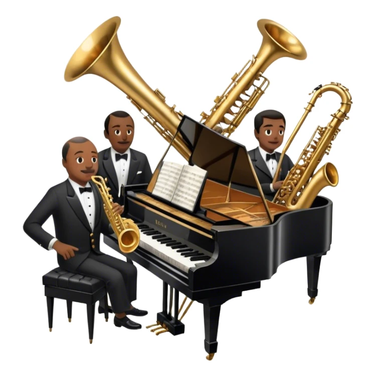 Icon for Jazz Music: Count Basie Orchestra, with Count Basie at the piano surrounded by jazz musicians playing instruments like saxophones, trumpets, and drums. Floating musical notes should capture the energetic and smooth vibe of big band jazz. Transparent background. sticker