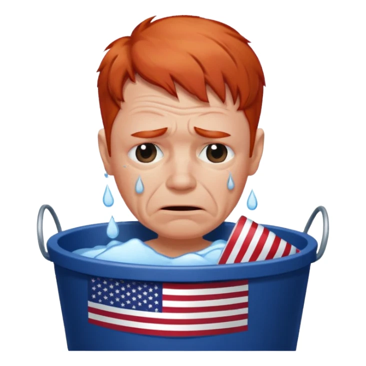 short red haired older man crying into bucket with USA flag on it sticker