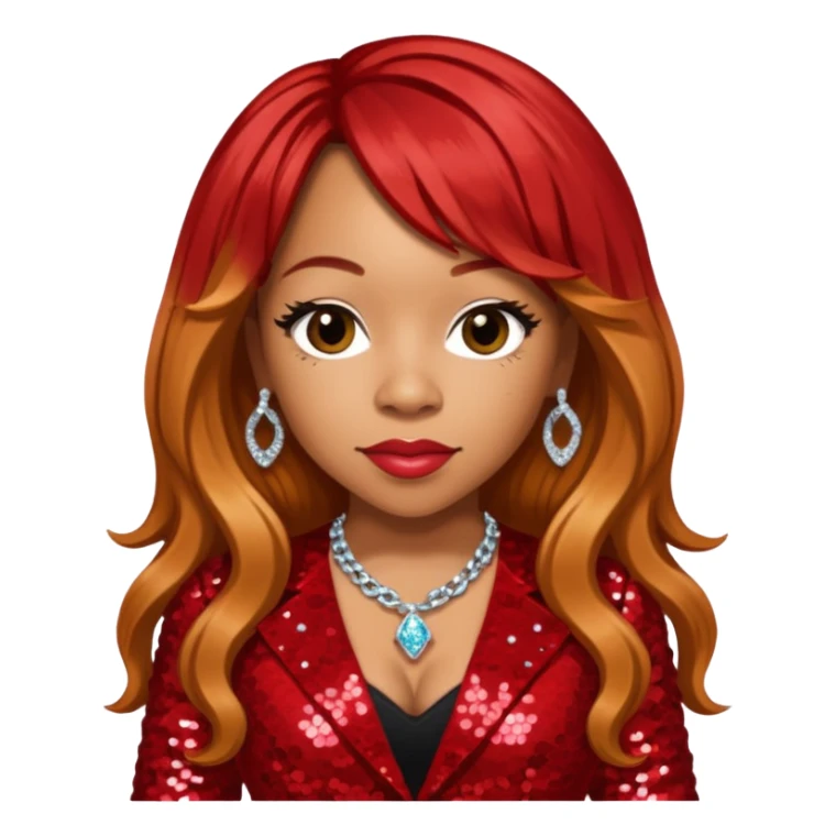 Tameka Tiny Harris from Xscape with long reddish blonde hair, red sequin outfit sticker