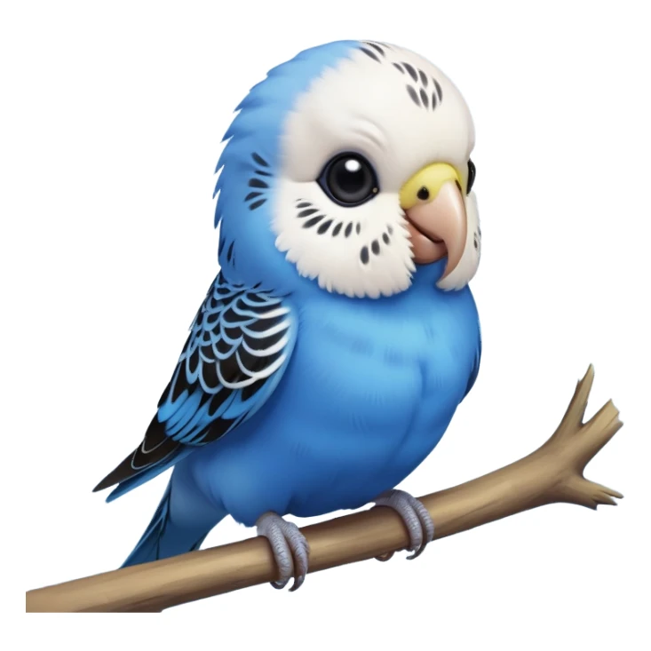 cinematic-cute-blue-budgie-portrait-emoji,-head-tilted-playfully-and-inquisitively,-featuring-a-brilliant-blue-feathered-fur-and white and black feathered face-with-a-natural-sheen,-round,-sparkling-dark-eyes-filled-with-curiosity,-simplified-yet-irresistibly-adorable sticker
