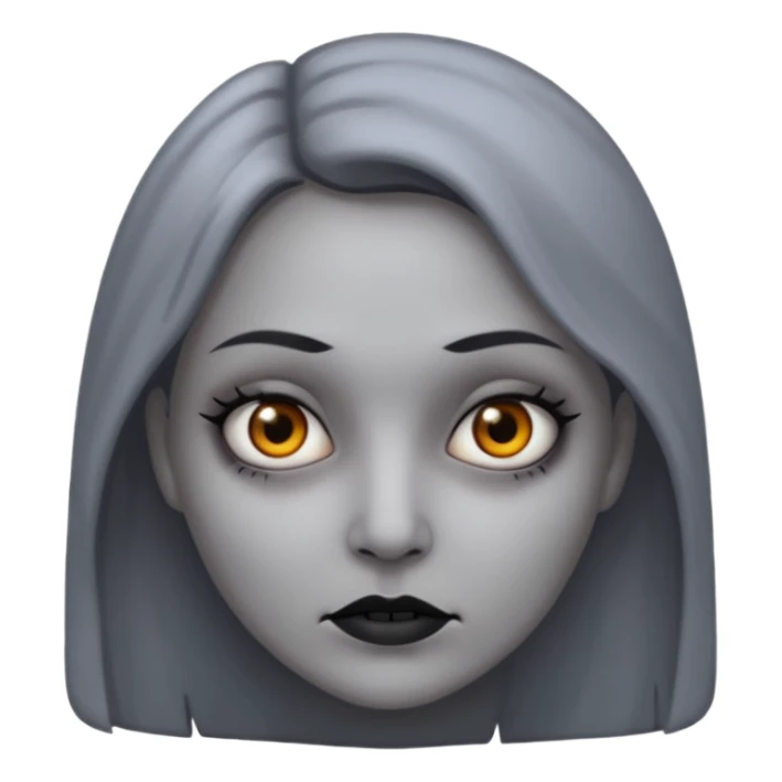 woman with gray skin and a creepy face sticker