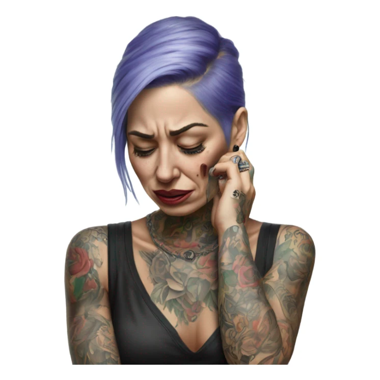 Hyper Realistic Beautiful tattooed woman crying holding a phone  sticker