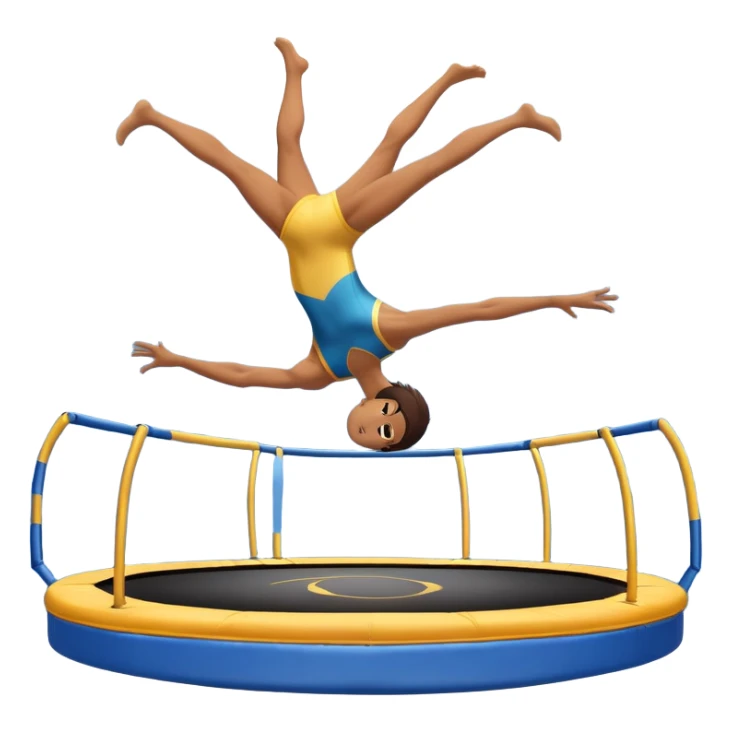 An athletic person soaring high above a trampoline, executing an acrobatic flip with perfect form. The scene captures motion and energy, with a dynamic pose, stretched limbs, and a focused expression. The background suggests a professional trampoline arena with safety padding. sticker