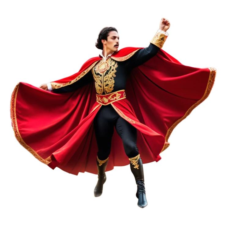 ​Cinematic Realistic Spanish Matador Holding a Red Cape, depicted in mid-action with a vibrant red cape flowing in the wind, dressed in an ornate traje de luces with shimmering details, confronting a charging bull in a dramatic arena, rendered with dynamic motion blur and vivid, high-contrast lighting, sticker