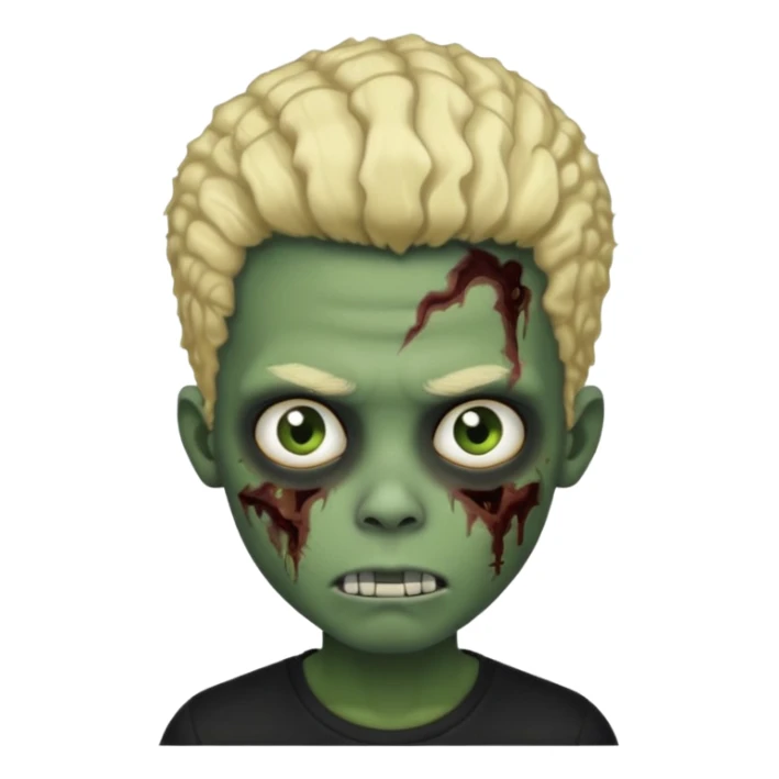 zombie boy, half-blonde half-black afro, black shirt, greenish skin sticker