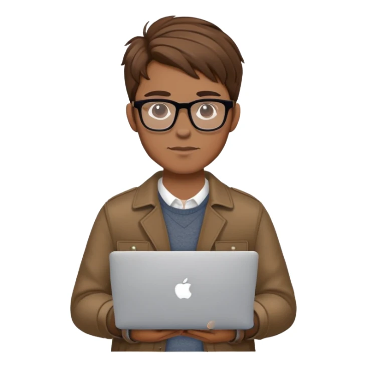 brown balayage college stylish British  hipster man with MacBook with glasses sticker
