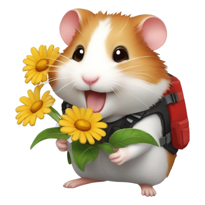 A red-haired hamster laughing with a flower in a cyber vest sticker
