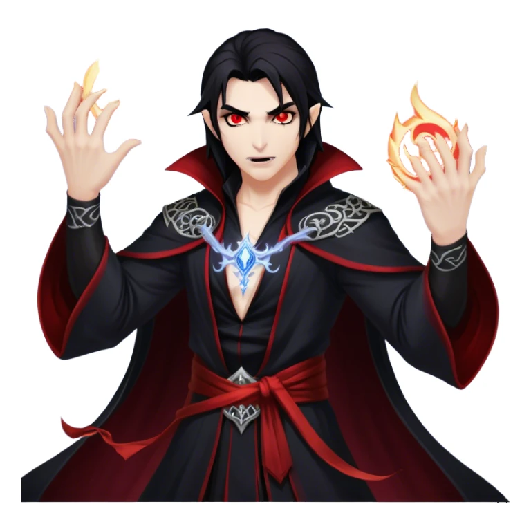 Cinematic Realistic WoW Vampire Mage Portrait, captured in a dynamic, battle-ready pose as he unleashes a torrent of arcane energy. His pallid skin and sleek dark hair contrast sharply with the flowing black robe adorned in silver filigree and glowing runes, while his crimson eyes radiate unyielding power. Rendered with intense, lifelike texture and dynamic, eerie lighting, high shine, embodying the fierce, relentless spirit of a dark sorcerer. sticker