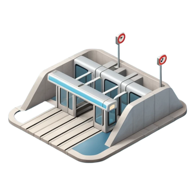 Isometric underground metro station, Apple-style minimalist 3D illustration, smooth surfaces, soft lighting, pastel blue and gray palette, clean geometry, cutaway underground view, no people, no labels, modern UI illustration. sticker