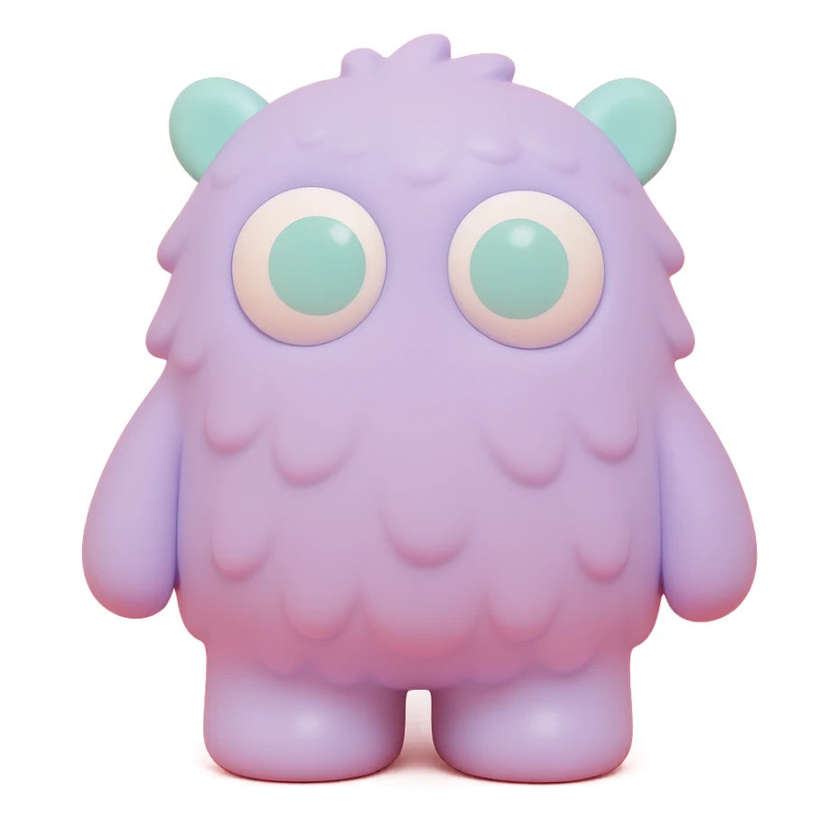 fluffy monster with soft fur texture, big round eyes, small ears, pastel color palette, toy-like sticker