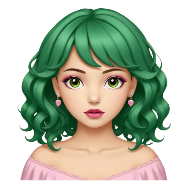 Una chica de cabello marrón con ojos de un verde acaramelado labios rosados cabello suelto con ondas un fleco corto en medio y otros dos a los lados en modo fleco cortina dos mini coletitas a los lados con lazitos  sticker