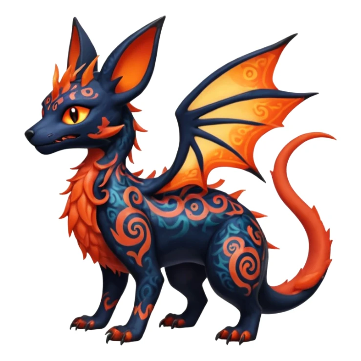 Shiny Fiery Dark Ugly Evil Realistic Glowing Eldritch Horror Cool Edgy Badass Emo Demonic Batty Dusky Ethereal Punky Aural Fluorescent Bioluminescent Hideous Canine-Litten-Amaura-Salandit-Noibat-Flareon-Fakémon-fusion (full body) with intricate pattern markings sticker