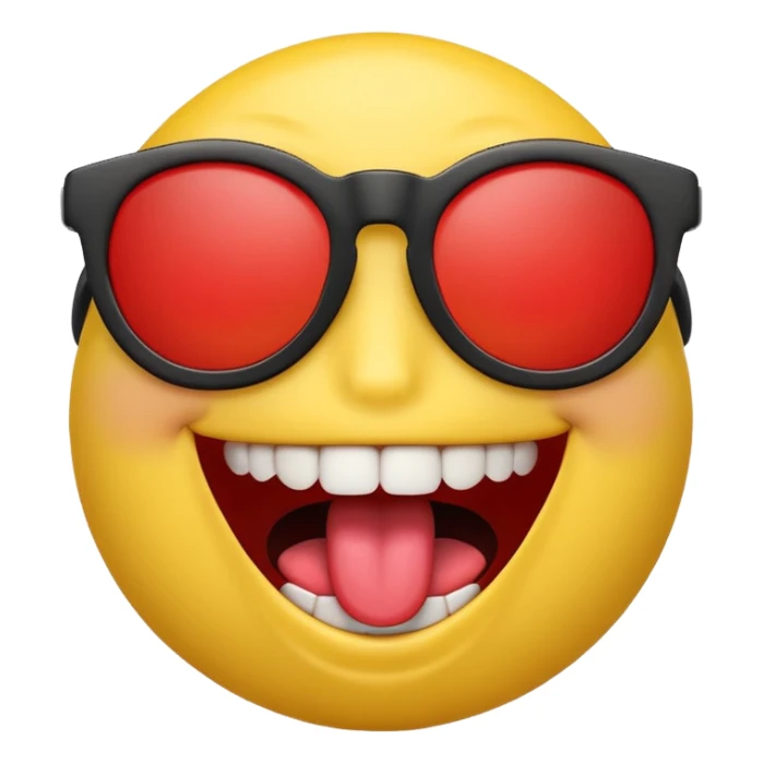 3D emoji character with bright yellow face, wide open smile showing white teeth and red tongue, raised brown eyebrows, and black sunglasses, rendered in a playful and glossy style on transparent background sticker