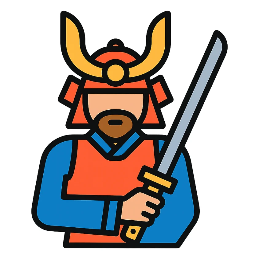 samurai warrior holding katana, minimal background, color outline icon style sticker