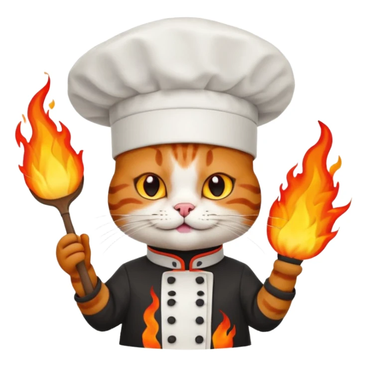 black chef cat wearing a tall white chef hat, burning hat sticker