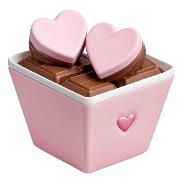 Two glossy square milk chocolate pralines placed diagonally, each in a white ridged paper cup, topped with a soft pastel pink heart icing with subtle sugar sparkle.
Cute minimal emoji-style, realistic and polished, clean studio lighting, pure white background, smooth 3D render, high resolution. sticker