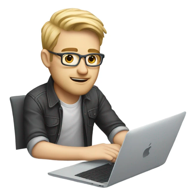white-skinned male product designer sitting with macbook sticker