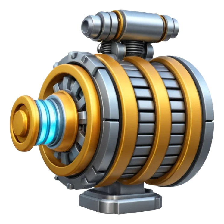 Dynamic high-mass futuristic engine emoji with thick metal housing, rotating components, glowing core, modern tech design. sticker