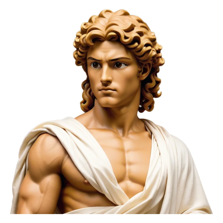 Cinematic Realistic Hercules Portrait, depicted as a classical Greek hero merging the fierce masculinity of Hercules with the refined face of Michelangelo's David. His light tan, chiseled skin glows with timeless strength, and his thick, curly, golden brown hair cascades in natural, sculpted curls reminiscent of a warrior’s mane. Draped in a flowing white robe with delicate golden accents and crowned with a traditional Greek laurel wreath, his intense, determined eyes exude noble might, all rendered under dynamic natural lighting with a mythic, radiant glow. sticker