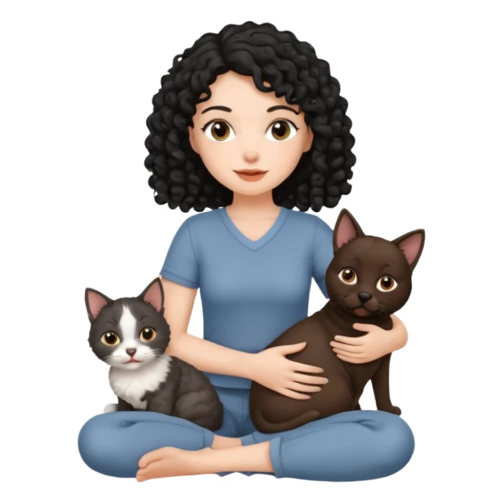 Moça branca com cabelo cacheado preto. Com um gato e um cachorro no colo sticker
