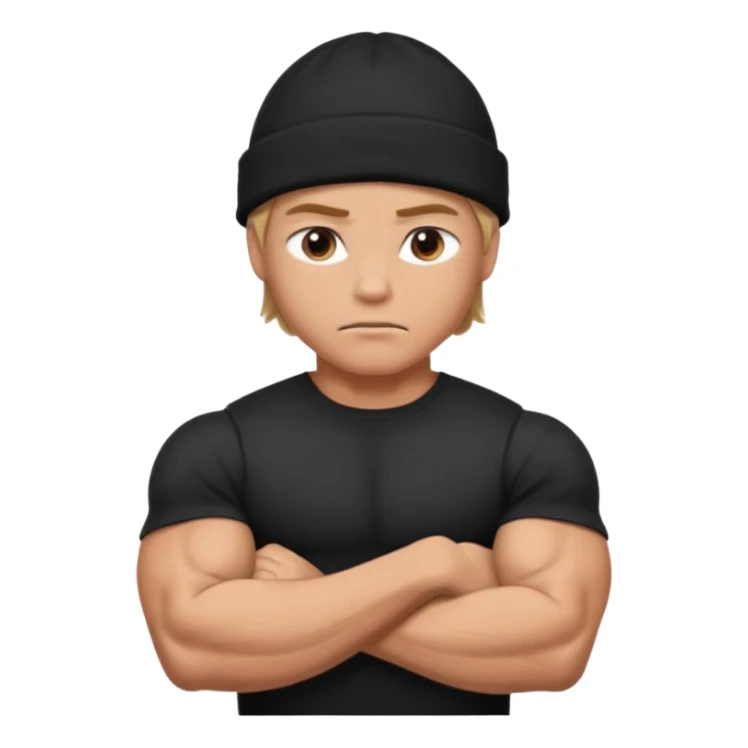 Muscular hero in black beanie, serious expression, folded arms.



































 sticker