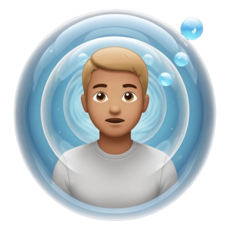 A man in simple casual clothes inside a transparent echo chamber bubble. Sound waves inside the bubble reflect back to him, showing only repeated versions of his own beliefs. Outside voices and symbols are muted or faded. Emoji-style render, soft lighting sticker