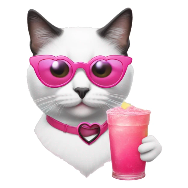 Black and white cat in heart-shaped pink glasses with Pina kolada sticker