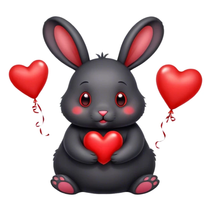 fat black rabbit with drooping ears and red metallic heart-shaped balloons sticker