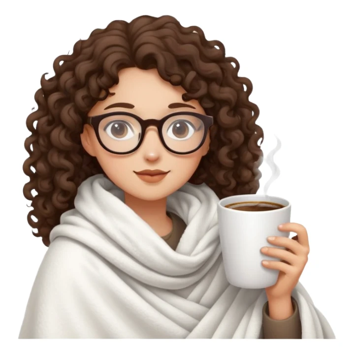 Brunette girl Curly and glasses in white blanket drinking coffee sticker