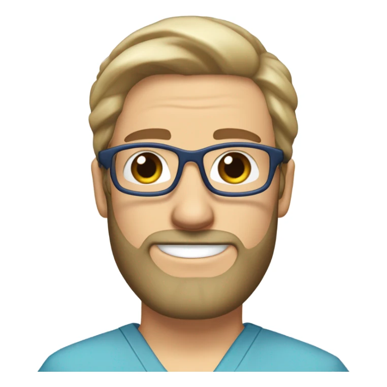 male blond doctor in scrub cap with grey van dyke beard with hazel eyes and small wire-rimmed glasses in blue scrubs holding a large paintbrush sticker