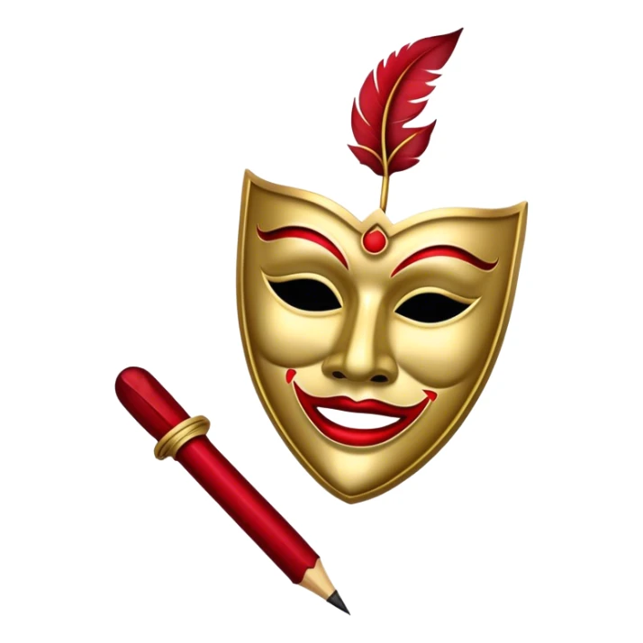 Create a bold and dramatic emoji representing the art of playwriting. The design should feature an open script or a theater playbook, with stylized text inside. Include elements like a theatrical comedy and tragedy masks, a stage spotlight, or a writting quill to symbolize creativity and performance. Use deep, contrasting colors like red, black, and gold to evoke the intensity and passion of drama. The overall design should feel dramatic, inspiring, and artistic. Make the background transparent. sticker