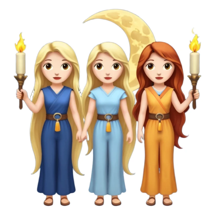 Three women with two torches and a moon sticker