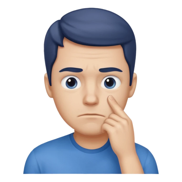 Blue shirt, significant frown, questioning, hand on chin, eyes looking in the corner sticker