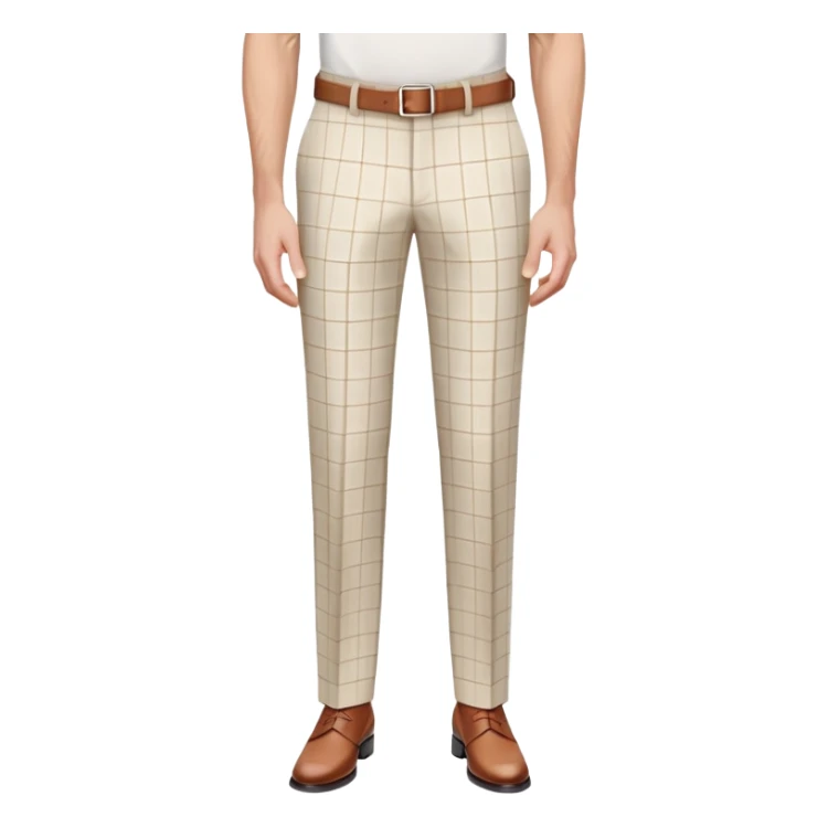 beige dress pants with distinct white grid pattern, formal trousers with clear white check pattern, cuffed hem, tailored pants with white plaid design, isolated garment only sticker