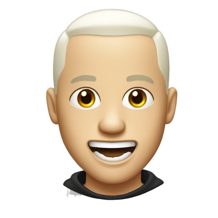white skinned, rapper with evil laugh, mouth open. buzz cut hair. white pupil sticker