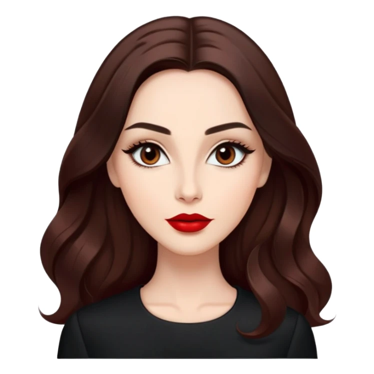 Professional actress with radiant fair skin, elongated face, large dark almond eyes with elegant makeup, defined eyebrows, full red lips, long dark straight hair with soft waves, wearing sophisticated black outfit, confident but approachable expression sticker