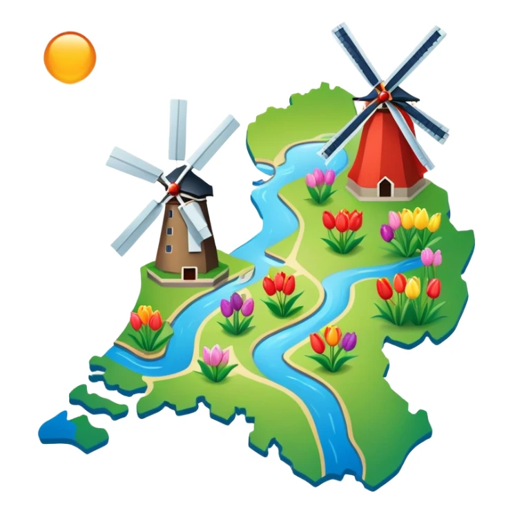 Map of the Netherlands showing canals, tulips, and windmills sticker