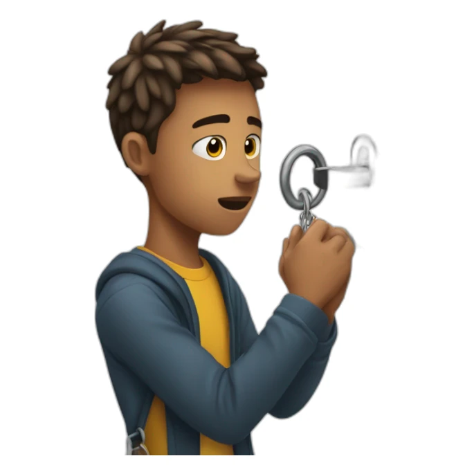 young man struggling to get a key into a lock sticker