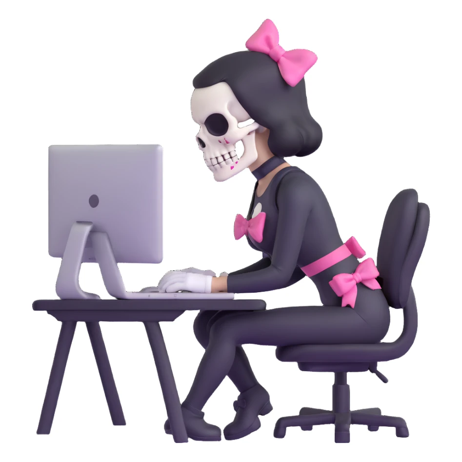 female Punisher skull character with pink bow working on computer sticker