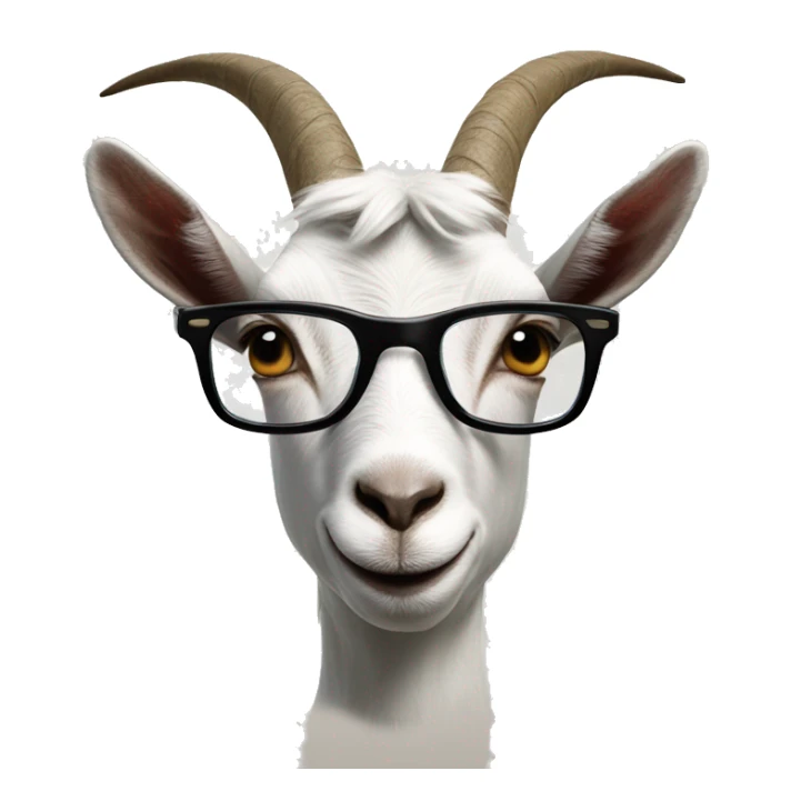 a goat with glasses superimposed on its face. The goat's expression is straight and the glasses give it a human-like appearance. sticker