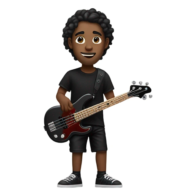 26 year old guy playing a 5 string rose gold color bass guitar, wearing a black shirt and black shorts with brands: Revere, Misery sticker
