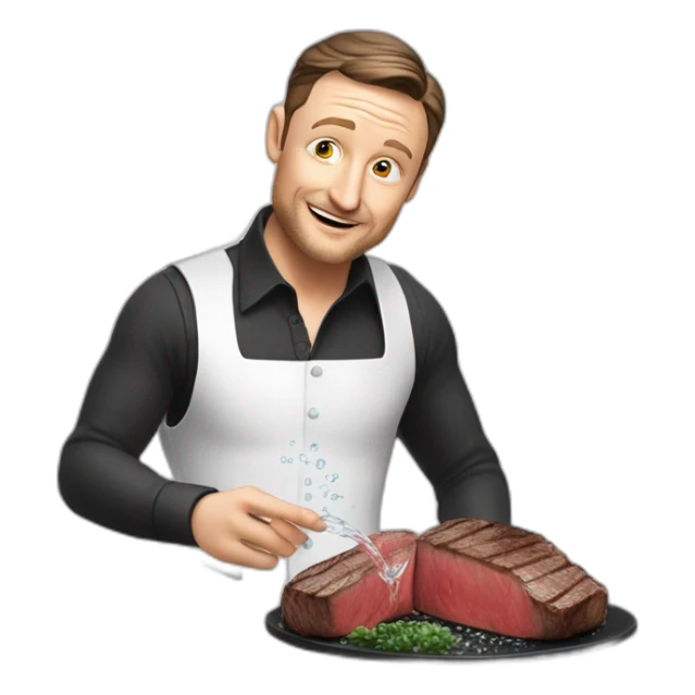 tim robinson dark black slicked back hair white long sleeve shirt with a light grey vest pouring water on a steak sticker