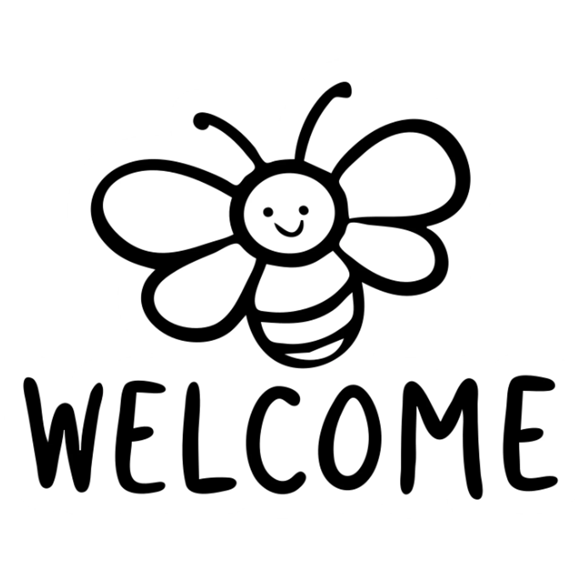 Welcome sign with honeybee, black and yellow colors, 'WELCOME' text sticker